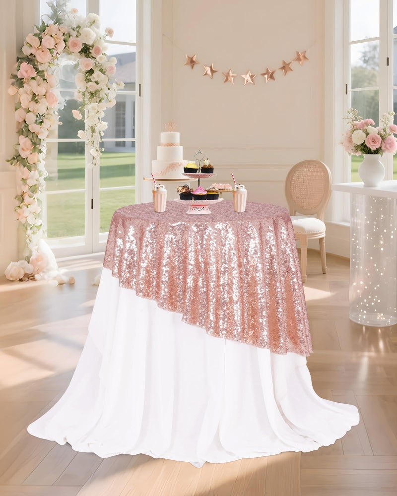 PartyDelight 50" Round Rose Gold Sequin Tablecloth High-Density 3mm Stitched Sequins Shimmering Table Overlay for Small Bistro Tables, Cake Displays & Party Decor - Image 5